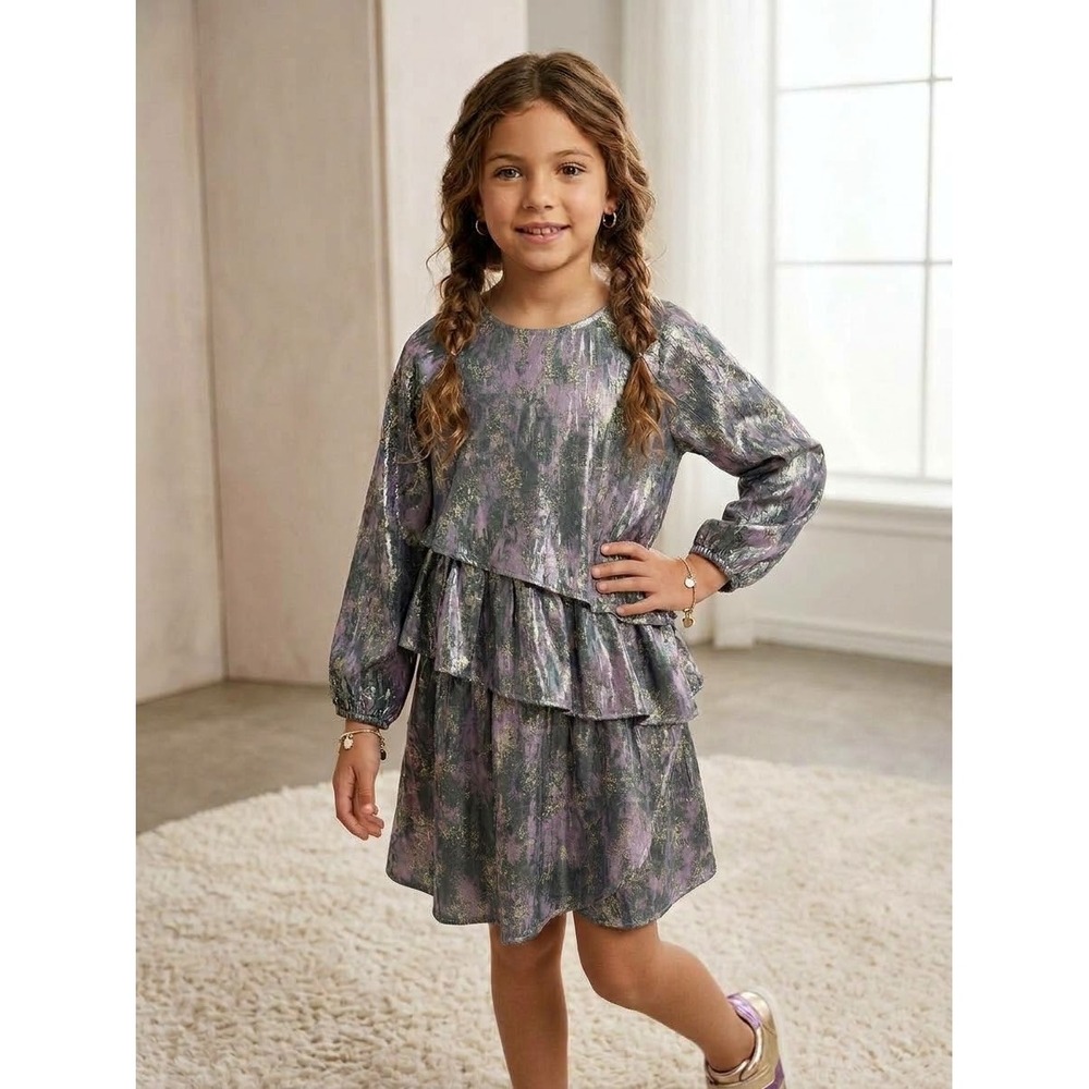 Zara Tiered Dress Kids Size 9 Purple New Metallic Abstract Long Sleeve